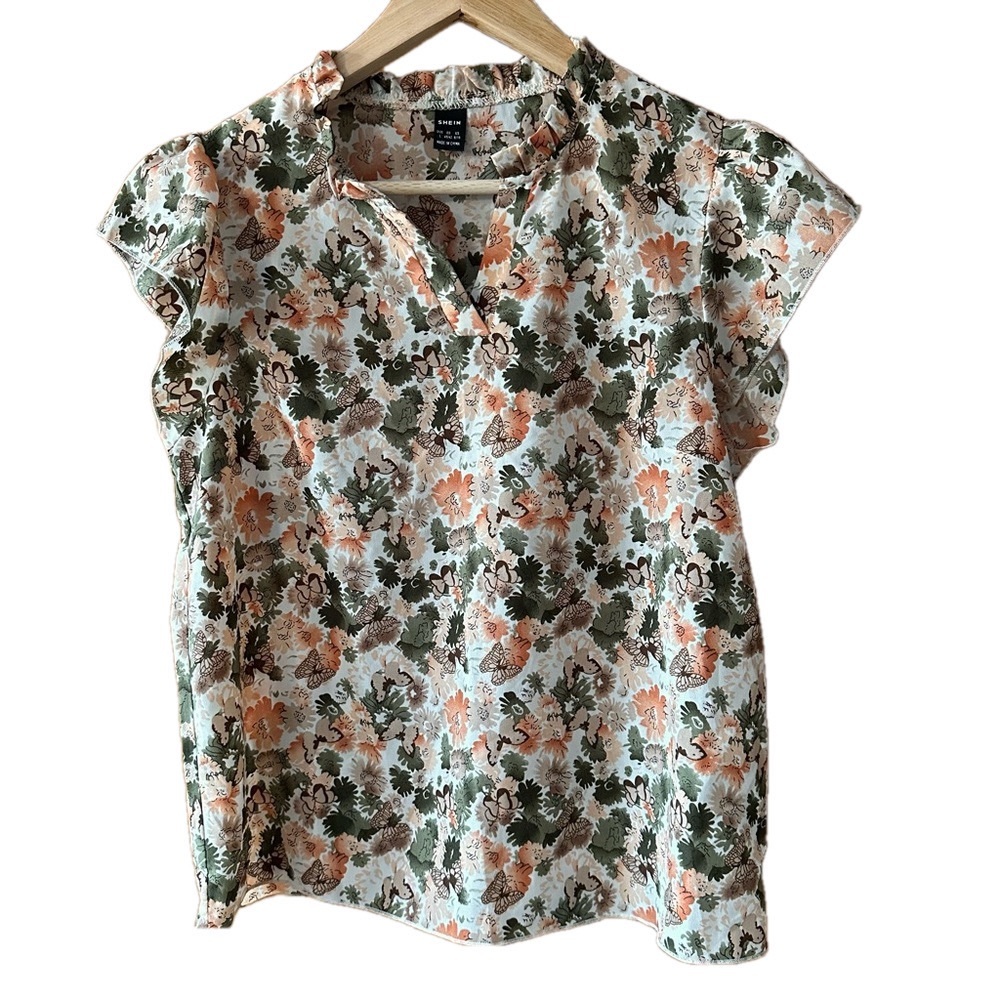 Floral Ruffle Cap Sleeve Split V Neck Top Blouse Beige Green Orange - L